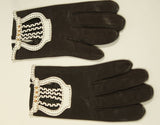 HERMES Black Leather Gloves with White Accents and Braiding Size 6 1/2