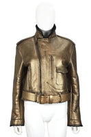 RALPH LAUREN Gold Leather & Black Shearling Belted Moto Jacket