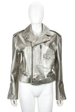 RALPH LAUREN Silver Leather Belted Motorcycle Jacket
