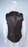 ANNA TRZEBINSKI Brown Leather Drape Collar Fur Vest Size 44