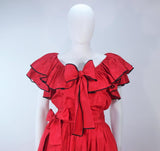 YVES SAINT LAURENT 1970s 2 pc Red Satin Ruffled Skirt Set Size 40