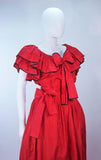 YVES SAINT LAURENT 1970s 2 pc Red Satin Ruffled Skirt Set Size 40