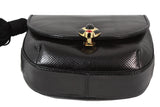 JUDITH LEIBER Black Snakeskin Leather Jeweled Clutch with Tassel