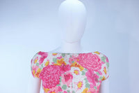 VINTAGE Circa 1960s Pink Multi-Color Floral Silk Dress w/ Bow Size 4
