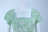 VINTAGE Circa 1950s Green Dress w/ White Floral Embroidery Size 2-4