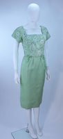 VINTAGE Circa 1950s Green Dress w/ White Floral Embroidery Size 2-4