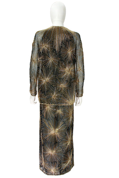 HALSTON 1970s Black Evening Dress & Jacket with Beaded Fireworks The Paper Bag Princess HALSTON 1970s Black Evening Dress & Jacket with Beaded Fireworks The Paper Bag Princess