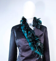 POL ATTEU Satin Evening Jacket with Iridescent Feather Collar Trim Size 12