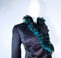 POL ATTEU Satin Evening Jacket with Iridescent Feather Collar Trim Size 12