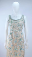 VINTAGE Circa 1950s Cream Silk & Blue Floral Beaded Gown Size 6-8