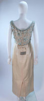 VINTAGE Circa 1950s Cream Silk & Blue Floral Beaded Gown Size 6-8