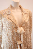 VINTAGE Cream Silk Coat w/ White Floral Beaded Motif & Ribbon Tie