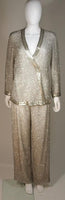 Silver and White Silk Beaded Palazzo Pant Suit Circa 1970s Size M