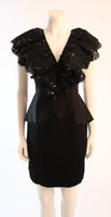 VICKY TIEL Black Sequined and Ruffled Open Back Cocktail Dress