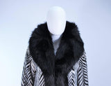 FACCARIA FURS Black & White Chevron Fur Coat w/ Fox Trim Size 4