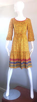 VINTAGE Circa 1970s Yellow Flower Print Striped Prairie Dress