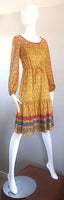 VINTAGE Circa 1970s Yellow Flower Print Striped Prairie Dress