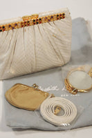 JUDITH LEIBER Cream Snakeskin Clutch with Multi-Stone Gold Frame