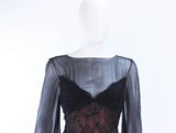 BILL BLASS Black Lace Chiffon Gown with Nude Underlay Size 10-12