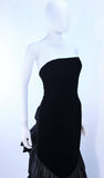 VICKY TIEL Black Velvet Gown with Dramatic Tiered Back and Hem Size 36.This Vicky Tiel gown is composed of black velvet and satin ruffle detailing. There is a center back zipper closure. In excellent vintage condition. **Please cross-reference measurements for personal accuracy. Size in description box is an estimation. Measures (Approximately) Length: 53" Bust: 29" Waist: 24.75" Hip: 35.75"