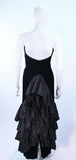 VICKY TIEL Black Velvet Gown with Dramatic Tiered Back and Hem Size 36.This Vicky Tiel gown is composed of black velvet and satin ruffle detailing. There is a center back zipper closure. In excellent vintage condition. **Please cross-reference measurements for personal accuracy. Size in description box is an estimation. Measures (Approximately) Length: 53" Bust: 29" Waist: 24.75" Hip: 35.75"