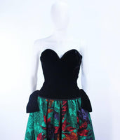 ODICINI COUTURE Black Velvet and Green Floral Gown Size 4