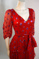 VINTAGE Circa 1970s Red Silk Tired Dress, Purple Metallic Accents