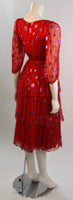 VINTAGE Circa 1970s Red Silk Tired Dress, Purple Metallic Accents