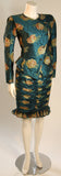 EMANUEL UNGARO Teal Floral Skirt Suit with Rouching Size 6