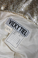 VICKY TIEL Ivory and Gold Velvet Texture Cocktail Dress Size 38