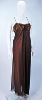 TRAVILLA Draped Brown Silk Chiffon Gown with Feather Applique Size 8