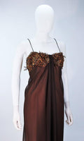TRAVILLA Draped Brown Silk Chiffon Gown with Feather Applique Size 8