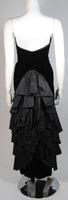 VICKY TIEL Black Velvet Gown with Tiered Silk Detail Size Small