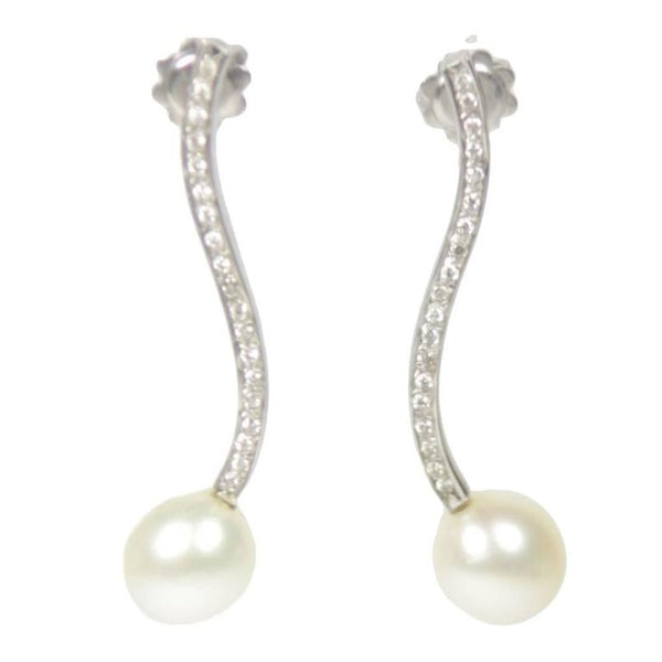 Pearl and Diamond Drop Earrings 14 Karat White Gold
