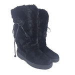 KRISTINA Black Fur Boots with Rubber Sole and Leather Ties Size 7 1/2