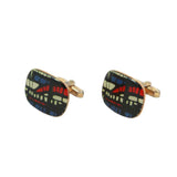 VINTAGE Large Enamel Abstract Patterned Silver with a Gold Vermeil Cufflinks. Curved rectangular gold tone gold vermeil over Silver cufflinks Black, white, red and blue patternMade in France Unknown designer Measurements: Width: 1 in. Length 1 in.