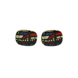 VINTAGE Large Enamel Abstract Patterned Silver with a Gold Vermeil Cufflinks. Curved rectangular gold tone gold vermeil over Silver cufflinks Black, white, red and blue patternMade in France Unknown designer Measurements: Width: 1 in. Length 1 in.