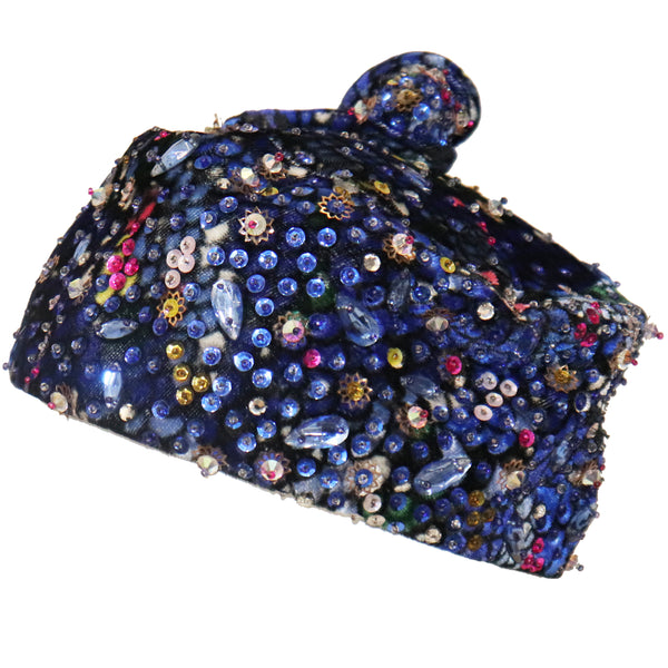 Leslie James Blue Jewel Pillbox Hat Circa 1960s