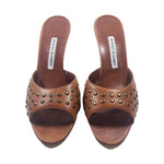 MANOLO BLAHNIK Studded Light Brown Leather Peep Toe Stiletto Heel Mules Size 9