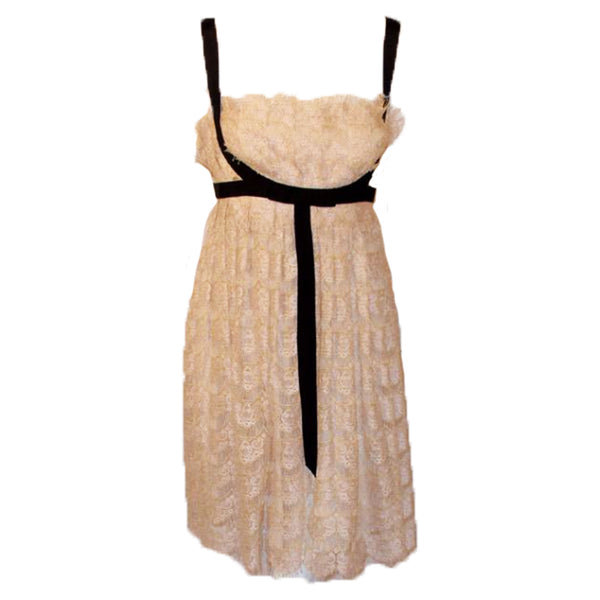 MARCHESA Cream Lace Cocktail Dress with Black Bow Size 12