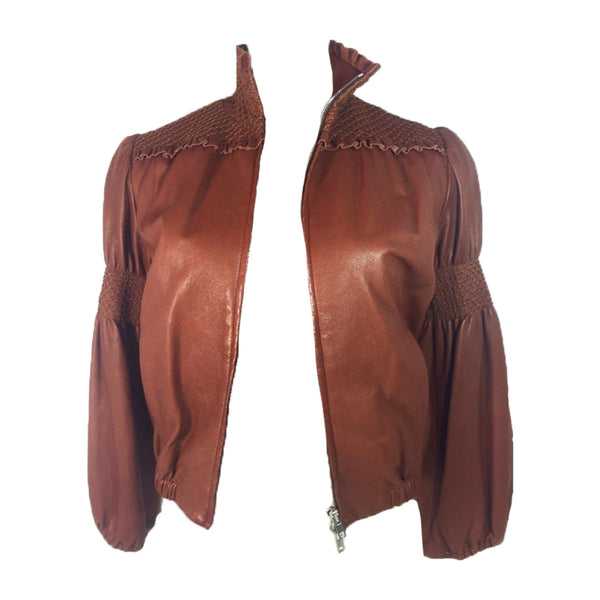 MIU MIU Tan Leather Smocked Detail Zip Front Leather Jacket Size 2-4