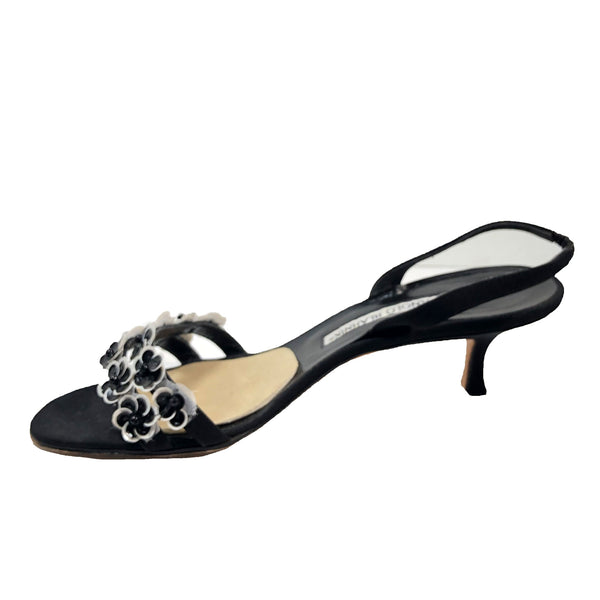 MANOLO BLAHNIK Black and White Sequined Floral Toe Strap Slingback Heels  Size 38 1/2   Summer Sandal Heels