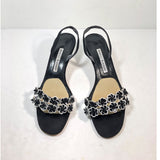 MANOLO BLAHNIK Black and White Sequined Floral Toe Strap Slingback Heels  Size 38 1/2   Summer Sandal Heels