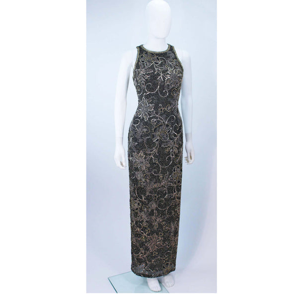 OLEG CASSINI Black and Gold Beaded Gown Size 8 The Paper Bag Princess OLEG CASSINI Black and Gold Beaded Gown Size 8 The Paper Bag Princess