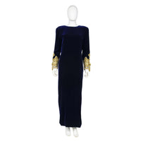 OSCAR DE LA RENTA 1990s Blue Velvet Gown, Embellished Sleeves