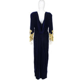 OSCAR DE LA RENTA 1990s Blue Velvet Gown, Embellished Sleeves