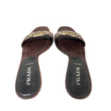 Prada brown multi color snake skin sandals with heel. With silver grommet details on toe strap.   Size 38.5 (8.5)  If you have any questions feel free to contact us.