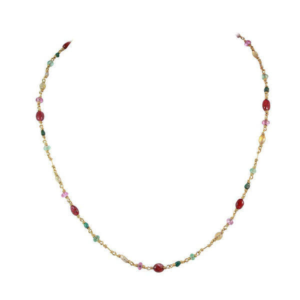 Reinstein Ross, Isabella Necklace 20K Gold with Rubies, Emerald and Tourmalines. 'Isabella' Necklace by Reinstein Ross 20K Gold with Ruby and Emerald cabochons, seed pearls, as well as faceted pink, green and yellow Tourmalines. Signature curved hook closure. 20" in length.Small pendant engraved designer signature at clasp Designed by Reinstein Ross, Circa 1990.