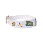 This is an adorable novelty belt that was made for Saks Fifth Avenue by Calderon. It is made of white leather and has designer names painted on it and metal dress form and rhinestone embellishments.