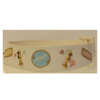 This is an adorable novelty belt that was made for Saks Fifth Avenue by Calderon. It is made of white leather and has designer names painted on it and metal dress form and rhinestone embellishments.